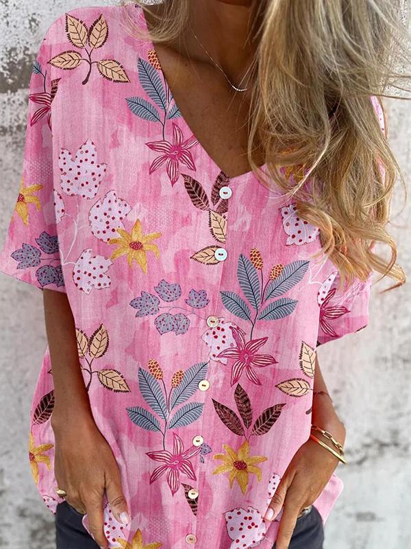 Casual V-neck Printed Short-sleeved Shirt