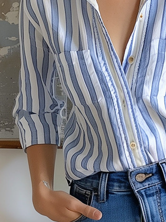 Cotton and Linen Casual Striped Long Sleeve Shirt