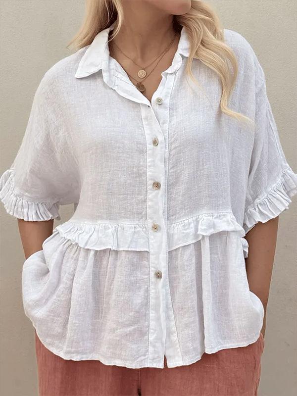 Cotton and Linen Ear-rimmed Everyday Versatile Mid-sleeve Shirt