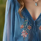 V-neck Embroidered Flower Long-sleeved Shirt