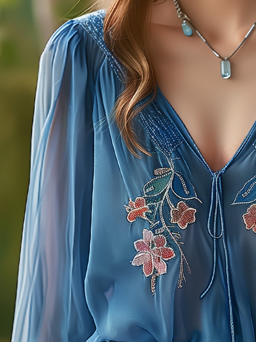 V-neck Embroidered Flower Long-sleeved Shirt