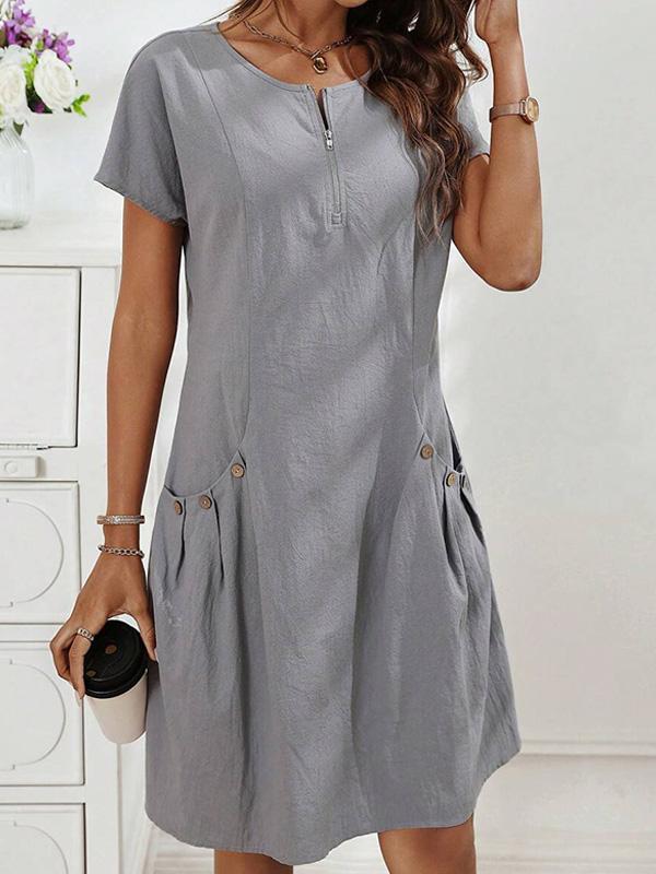 Cotton and Linen Slot Pocket Zipper Neck Short Sleeve Midi Dress