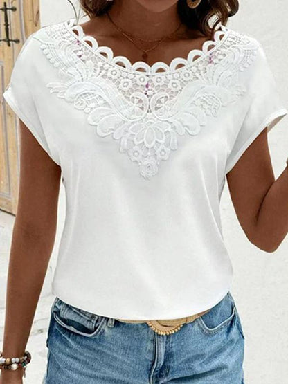 Fashionable Casual Lace Round Neck Bat Sleeve T-Shirt