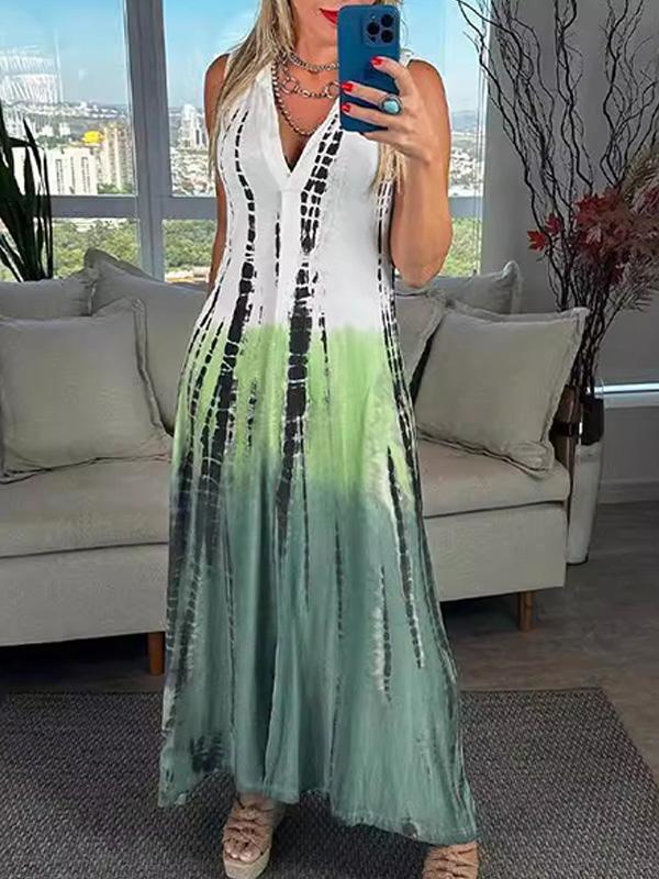 Fashion V-neck Tie-dye Print Maxi Dress