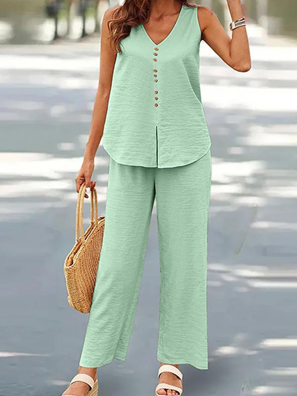 V-neck Casual Solid Color Printed Vest Wide-leg Pants Suit