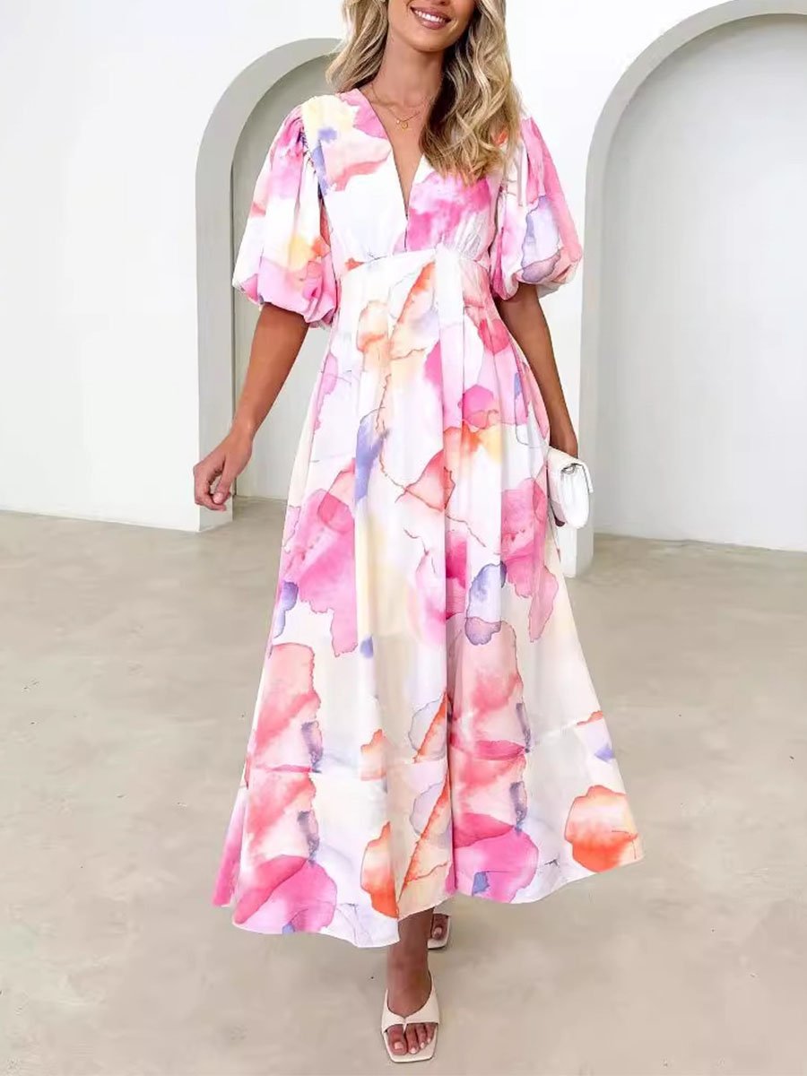 Printed Bubble Sleeve A-Line Dress