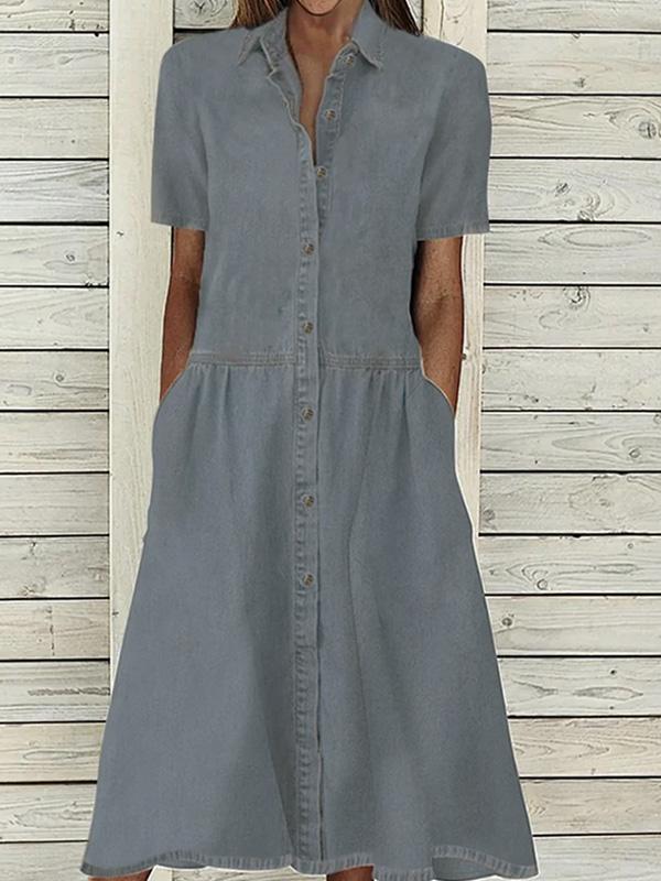 Cotton and Linen Mid-length Sleeve Waisted Solid Color Shirt Midi Dress