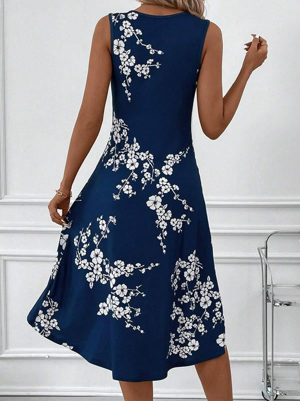 Waist Pleated Sleeveless Floral Dress