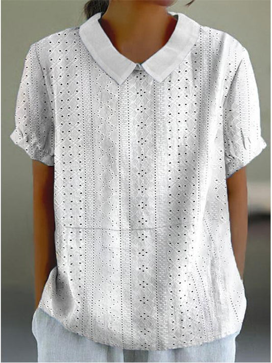 Cotton and Linen Lapel Stitching Everyday Versatile Short-sleeved Top