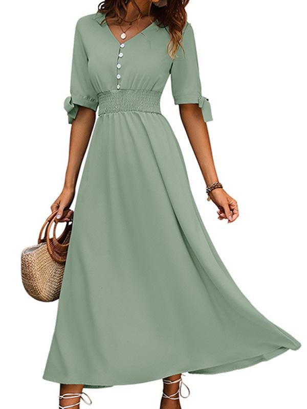 Elegant V-neck Solid Color Commuting Waist Long Dress 57985733