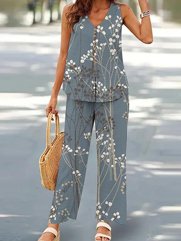 V-neck Casual Solid Color Printed Vest Wide-leg Pants Suit