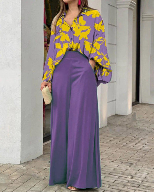 Loose Casual Printed Shirt and Wide-leg Pants Two-piece Set 51096975