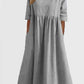 Cotton And Linen Casual Short Sleeve Pocket Pleated Loose Round Neck Dress