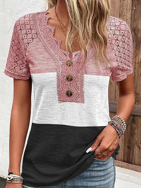 Lace Panel V-neck Short-sleeved T-shirt