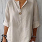 V-neck Cotton and Linen Buttoned Loose T-shirt