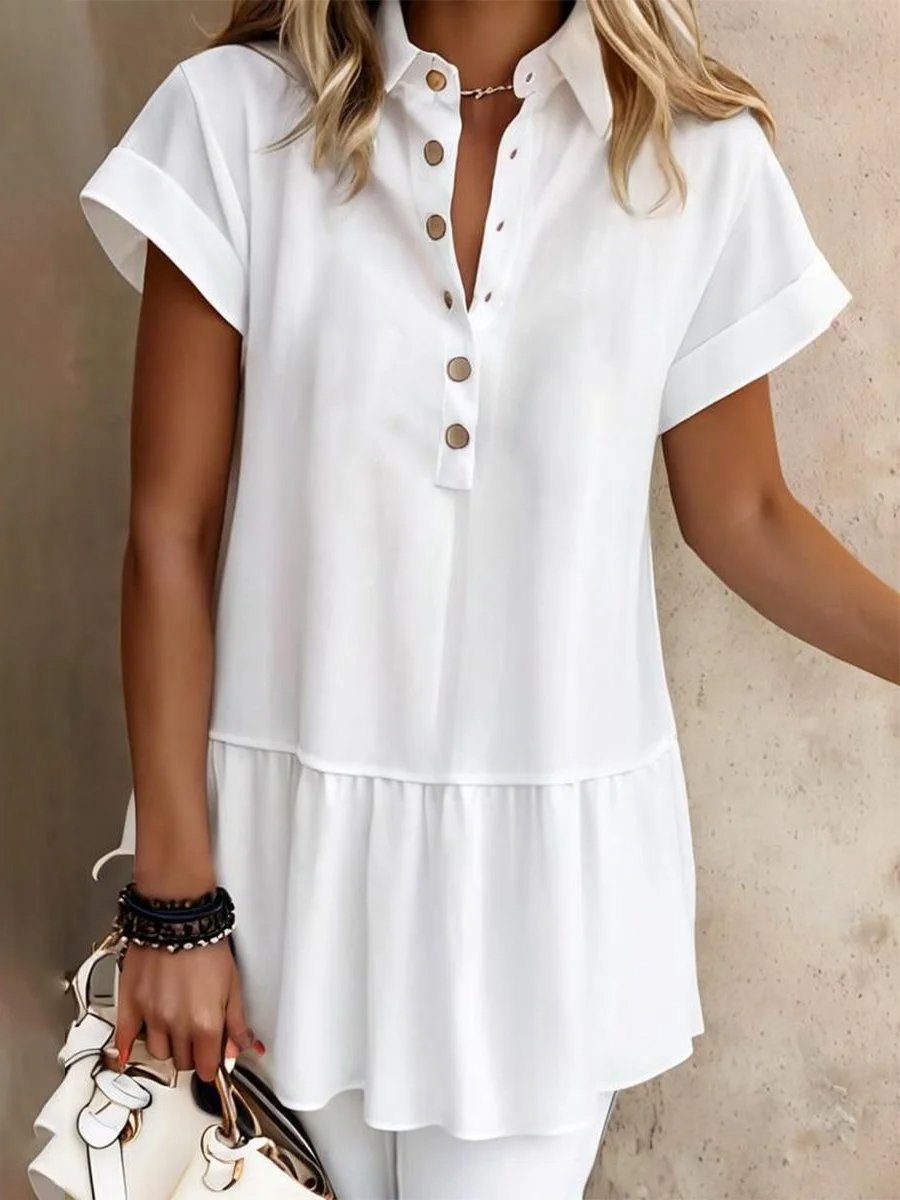 Half-open Collar Ruffle Trim Shirt