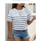 Women's Knitted Striped Button Round Neck Short Sleeve T-Shirt 26924936YM