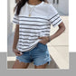 Women's Knitted Striped Button Round Neck Short Sleeve T-Shirt 26924936YM