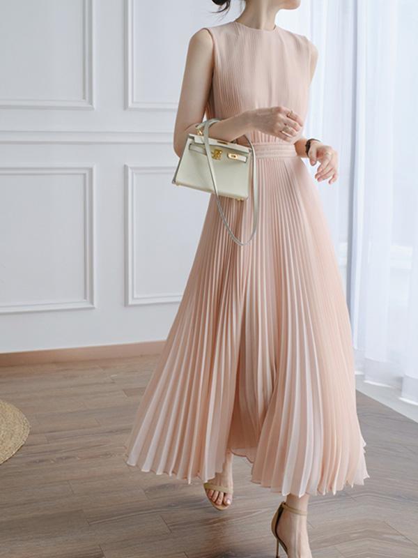 Gentle Pink Pleated Skirt High Waist Vest Dress