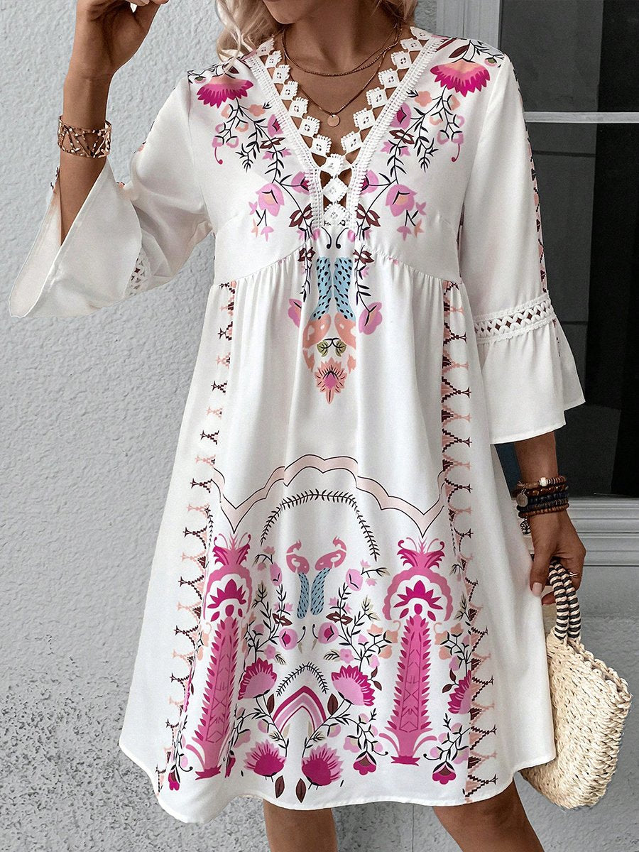 Hollow-out Lace Patchwork Ethnic Printed Dress