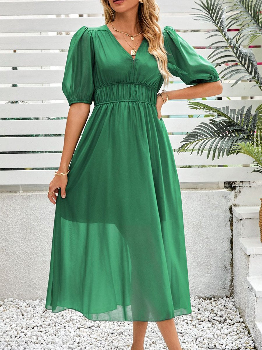 V-neck Button Elastic Waist Chiffon Dress