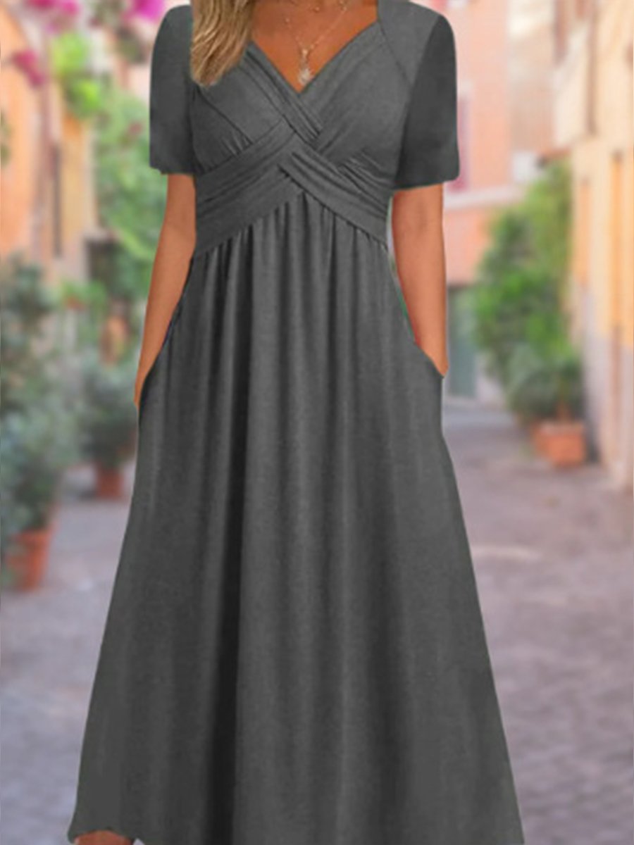 Women's Half Sleeve V-neck Solid Color Pockets Midi Dress