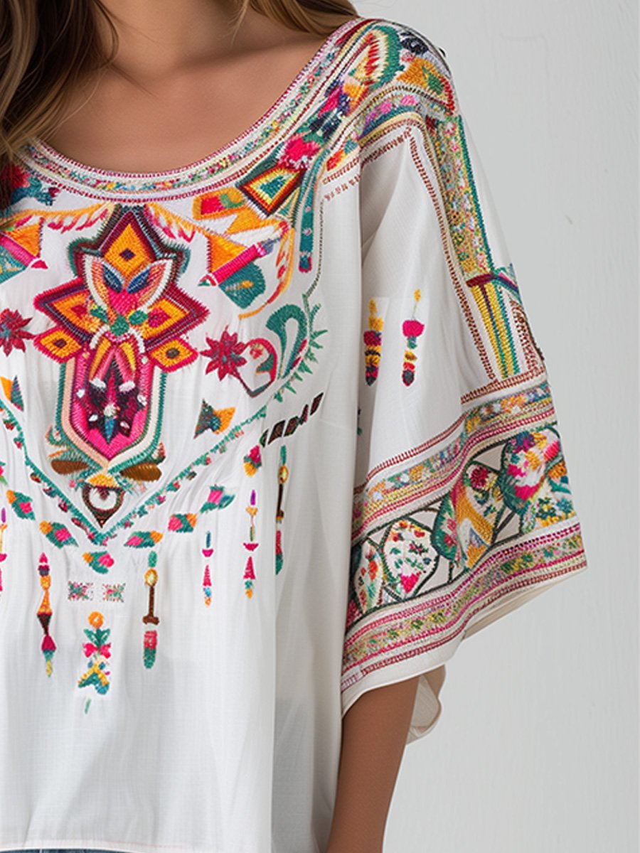 Embroidered Crew Neck Everyday Mid-length Sleeve Top