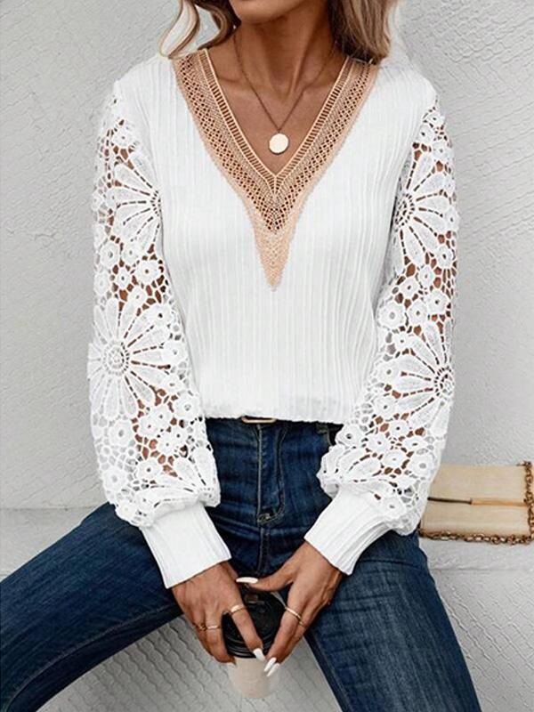 Solid Color V-neck Lace Long-sleeved T-shirt