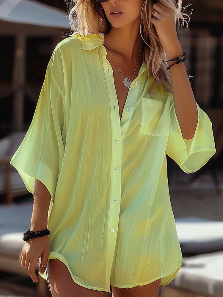 Solid Color Minimalistic Lapel Half Sleeves Shirt