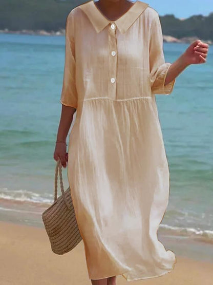 Pure Cotton Lapel Everyday Versatile Mid-length Dress