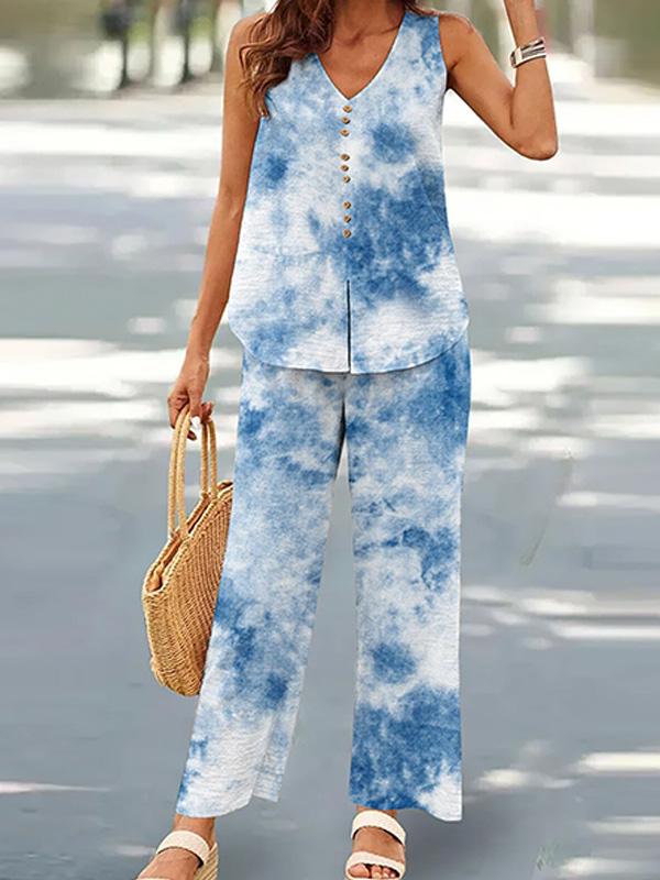 V-neck Casual Solid Color Printed Vest Wide-leg Pants Suit