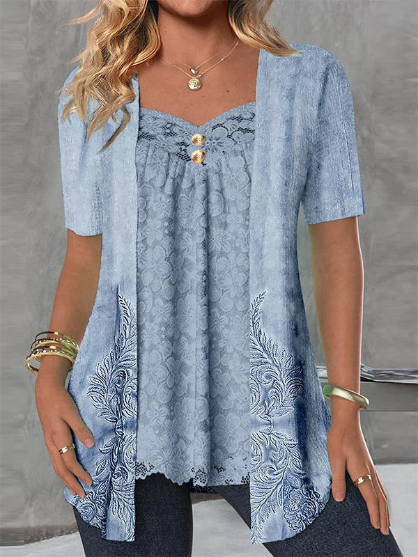 V-Neck Lace Panel Pattern Button Short Sleeve Top