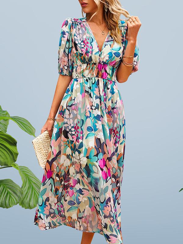 V Neck Floral Midi Dress