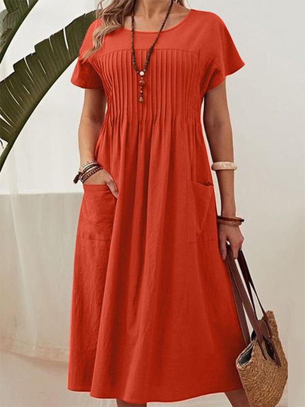 Cotton and Linen Comfortable Round Neck Pocket Loose Dress