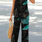 V-neck Casual Solid Color Printed Vest Wide-leg Pants Suit