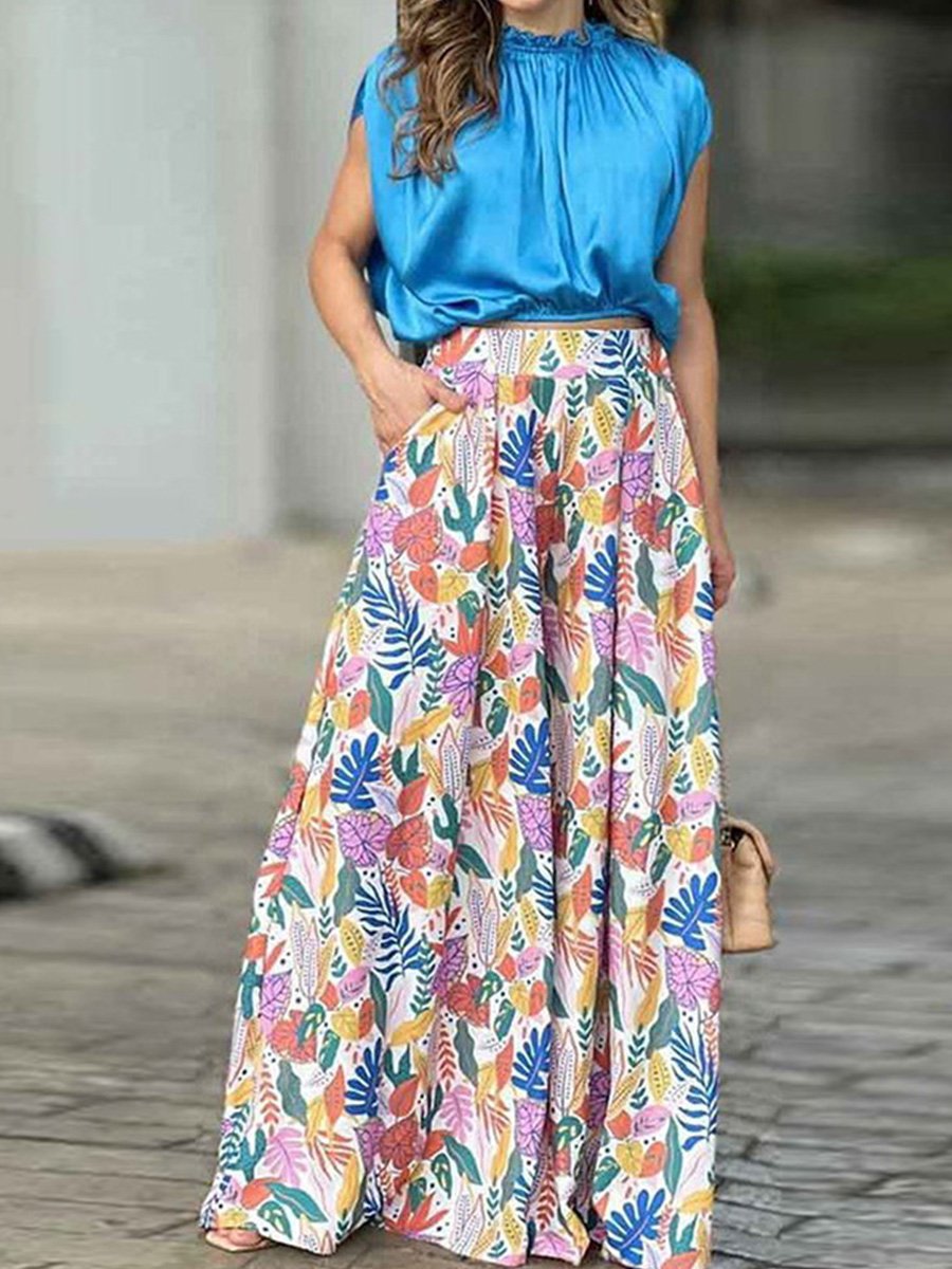 Simple Commuting High Waist Printed Wide Leg Pants Suit