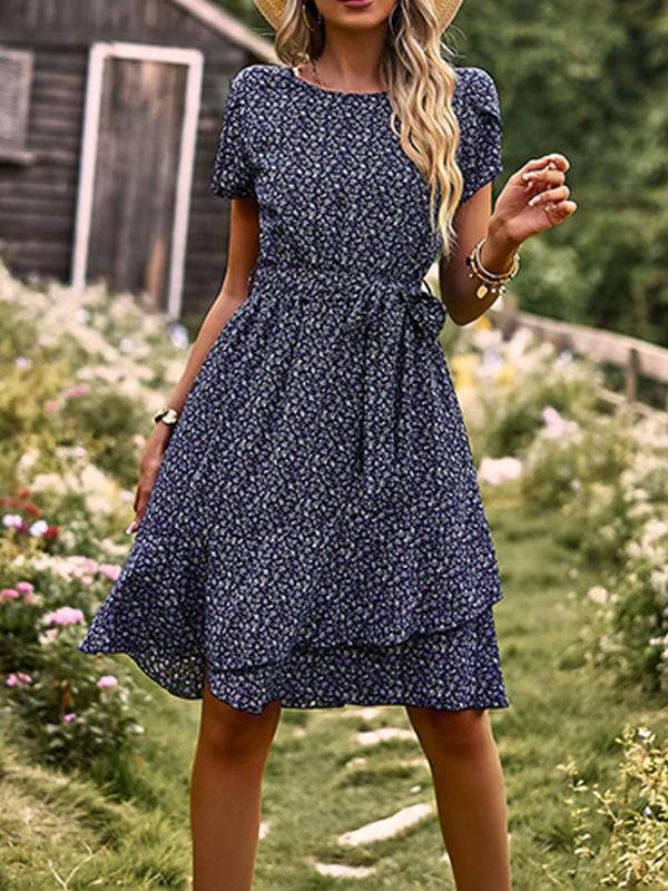 Round Neck Elegant Tie Waist Midi Dress