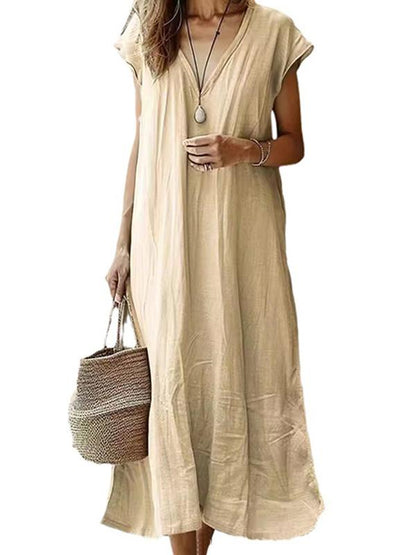 Cotton and Linen Solid Color V-Neck Midi Dress