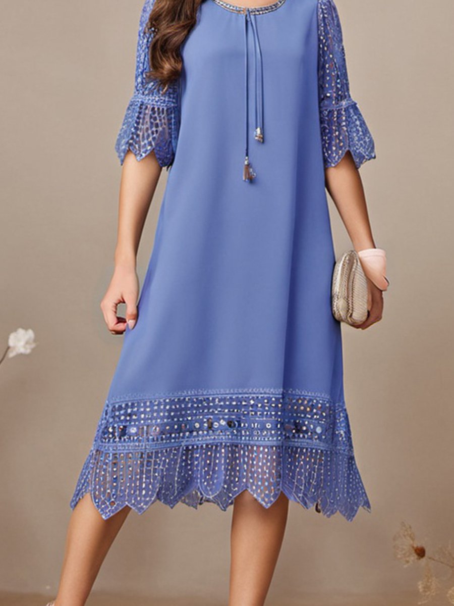 Elegant Lace Trim Patchwork Chiffon Dress