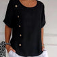 Cotton and Linen Round Neck Elbow Sleeve Button Top