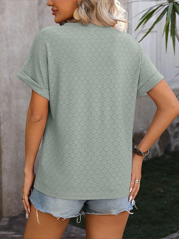 V-neck Button-down Solid Color Short-sleeved T-shirt 01225824