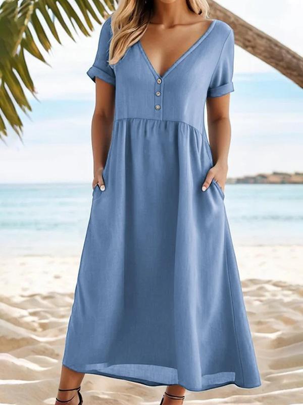 Cotton and Linen V-neck Everyday All-match Gathered Midi Dress