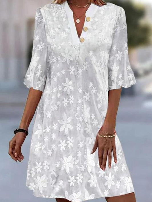 Embroidered Mid-sleeve V-neck Button-up Dress