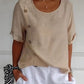 Cotton and Linen Round Neck Elbow Sleeve Button Top