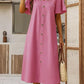 Cotton and Linen V-neck Decorative Round Button Short Sleeve Dress