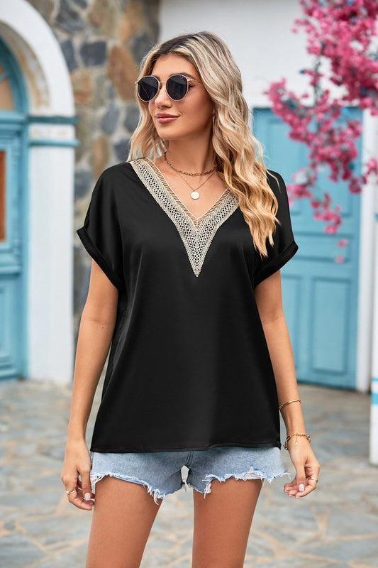 V-neck Lace Satin Short-sleeved Shirt 32097841