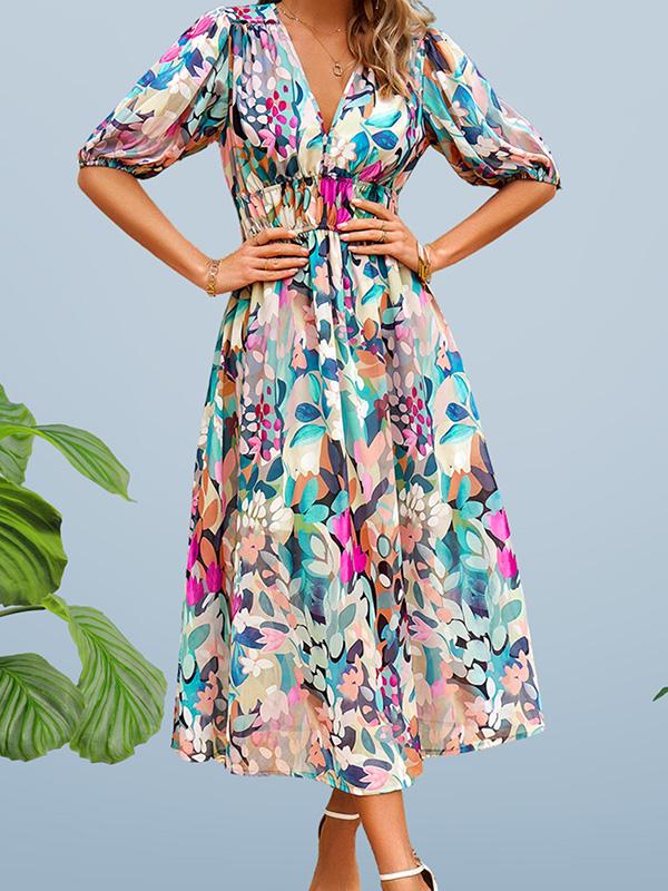 V Neck Floral Midi Dress