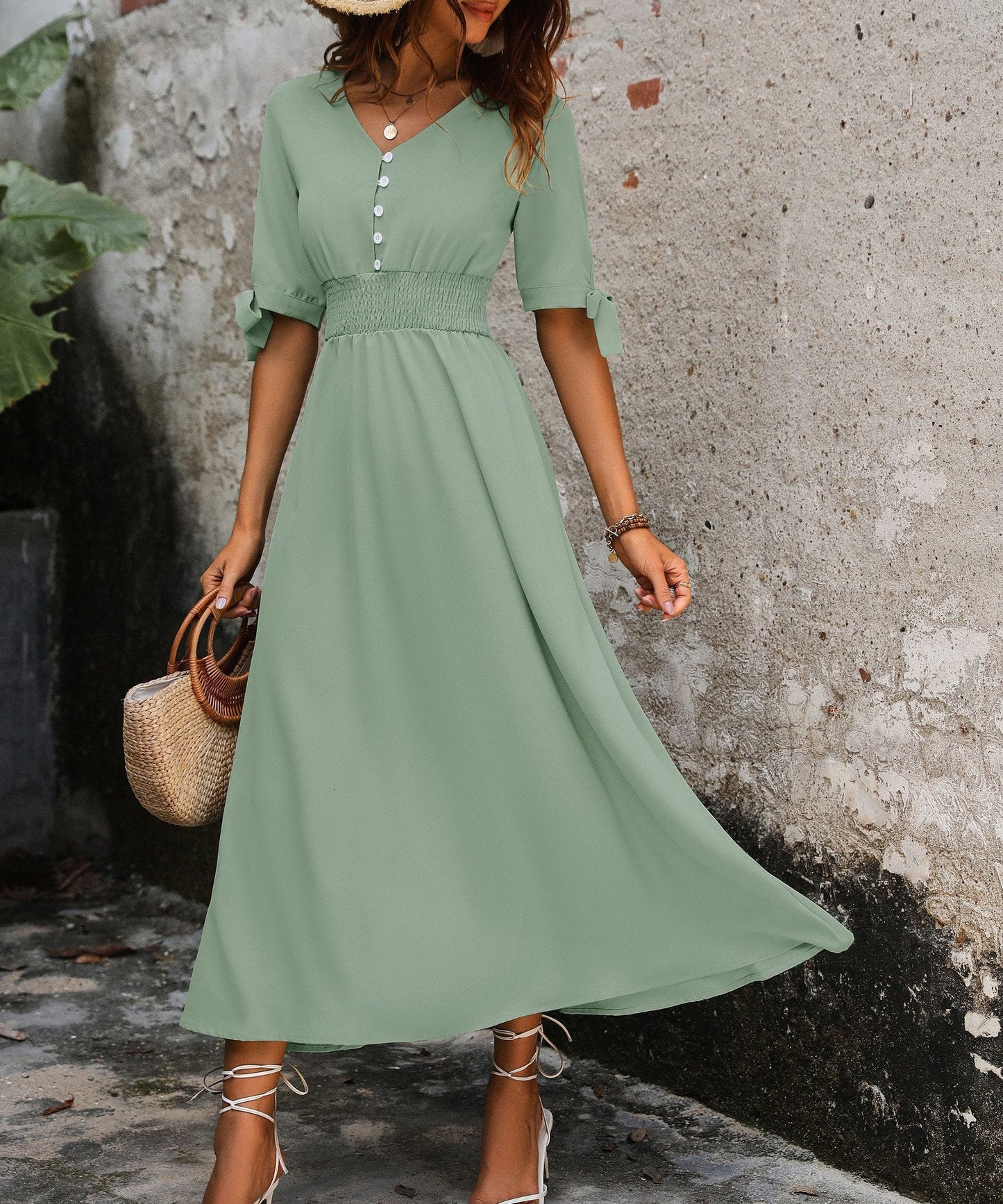 Elegant V-neck Solid Color Commuting Waist Long Dress 57985733