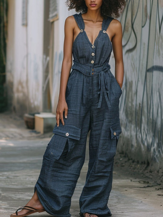 Cotton Linen Multi-Pocket Vest Jumpsuit