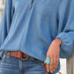 V-neck Button Denim Lantern Sleeve Top